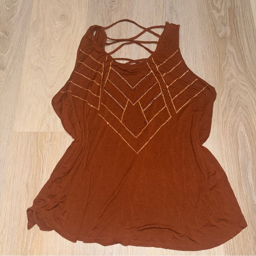 Apt. 9 Boho Brown Tank Top with Beads & Criss Cross Back - Size XL